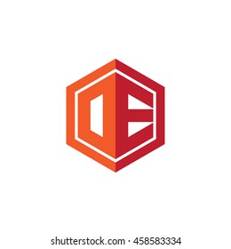 Initial letters DE, OE, hexagon shape logo red orange