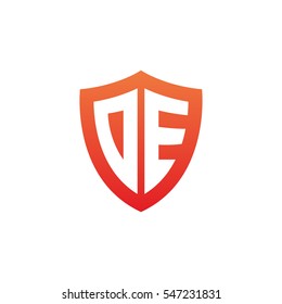 Initial letters DE, OE, shield shape red simple logo