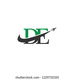 Initial Letters DE Travel Logo Design with Aircraft Airplane and Swoosh Icon