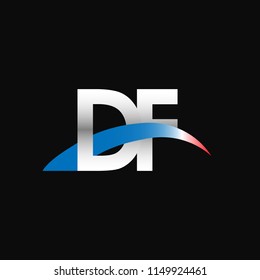 Initial letters DF overlapping movement swoosh logo, metal silver blue red color on black background