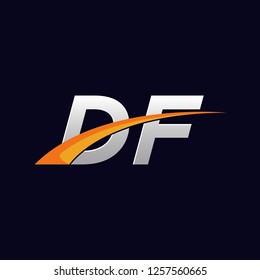 Initial letters DF vector illustrations designs overlapping with orange swoosh vector for company or factory logo on blue dark background.