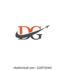 Initial Letters DG Travel Logo Design with Aircraft Airplane and Swoosh Icon