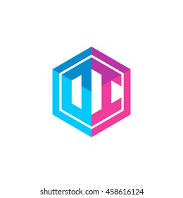 Initial letters DI, OI, hexagon box shape logo blue pink purple