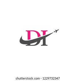 Initial Letters DI Travel Logo Design with Aircraft Airplane and Swoosh Icon