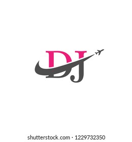 Initial Letters DJ Travel Logo Design with Aircraft Airplane and Swoosh Icon