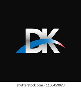 Initial letters DK overlapping movement swoosh logo, metal silver blue red color on black background