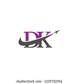 Initial Letters DK Travel Logo Design with Aircraft Airplane and Swoosh Icon