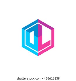 Initial letters DL, OL, hexagon box shape logo blue pink purple
