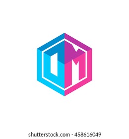Initial letters DM, OM, hexagon box shape logo blue pink purple
