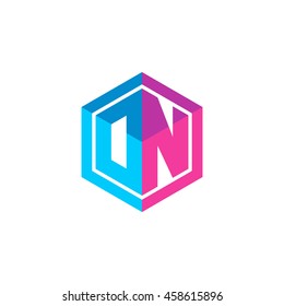 Initial letters DN, ON, hexagon box shape logo blue pink purple