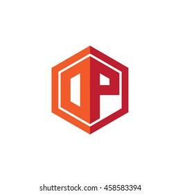 Initial letters DP, OP, hexagon shape logo red orange