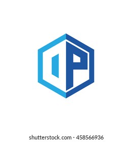Initial letters DP, OP, negative space hexagon shape logo blue