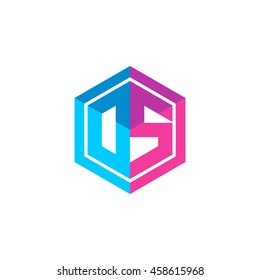 Initial letters DS, OS, hexagon box shape logo blue pink purple