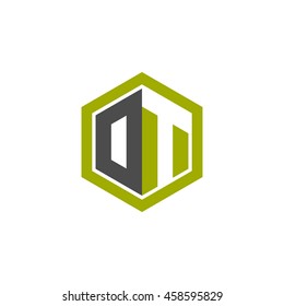 Initial letters DT, OT, negative space hexagon shape logo green black gray