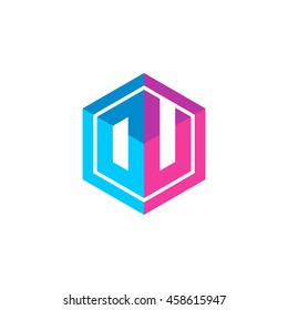 Initial letters DU, OU, hexagon box shape logo blue pink purple