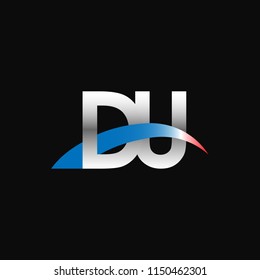 Initial letters DU overlapping movement swoosh logo, metal silver blue red color on black background