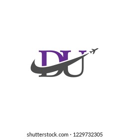 Initial Letters DU Travel Logo Design with Aircraft Airplane and Swoosh Icon