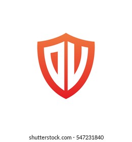 Initial letters DV, OV, DU, OU, shield shape red simple logo