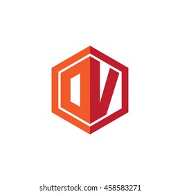 Initial letters DV, OV, hexagon shape logo red orange