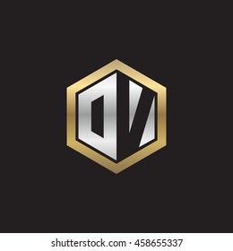 Initial letters DV, OV, negative space hexagon shape logo silver gold