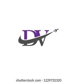 Initial Letters DV Travel Logo Design with Aircraft Airplane and Swoosh Icon