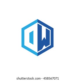 Initial letters DW, OW, negative space hexagon shape logo blue