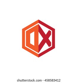 Initial letters DX, OX, hexagon shape logo red orange
