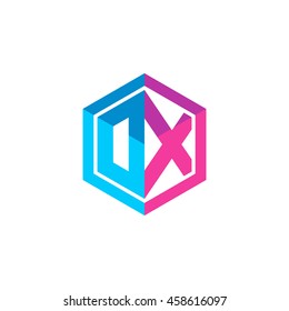 Initial letters DX, OX, hexagon box shape logo blue pink purple