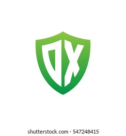 Initial letters DX, OX, shield shape green simple logo