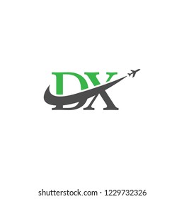 Initial Letters DX Travel Logo Design with Aircraft Airplane and Swoosh Icon