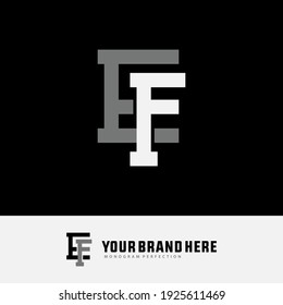 Initial letters E, F, EF or FE overlapping, interlock, monogram logo, white and gray color on black background