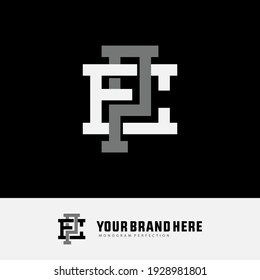 Initial letters E, P, EP or PE overlapping, interlock, monogram logo, white and gray color on black background