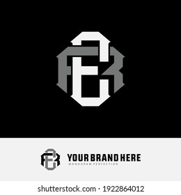 Initial letters E, R, ER or RE overlapping, interlock, monogram logo, white and gray color on black background