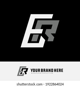 Initial letters E, R, ER or RE overlapping, interlock, monogram logo, white and gray color on black background