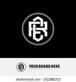 Initial letters E, R, ER or RE overlapping, interlock, monogram logo, white and gray color on black background