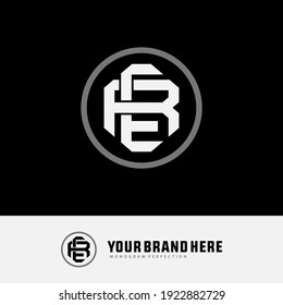Initial letters E, R, ER or RE overlapping, interlock, monogram logo, white and gray color on black background