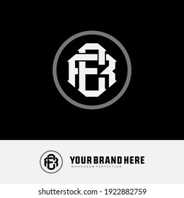 Initial letters E, R, ER or RE overlapping, interlock, monogram logo, white and gray color on black background