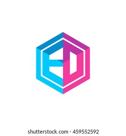 Initial letters ED,EO, hexagon box shape logo blue pink purple