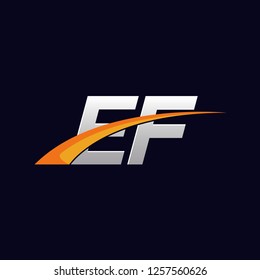 Initial letters EF vector illustrations designs overlapping with orange swoosh vector for company or factory logo on blue dark background.