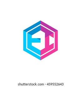 Initial letters EI hexagon box shape logo blue pink purple