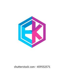 Initial letters EK hexagon box shape logo blue pink purple