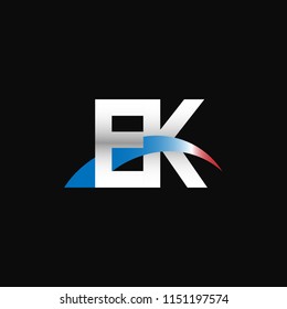 Initial letters EK overlapping movement swoosh logo, metal silver blue red color on black background