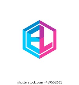 Initial letters EL hexagon box shape logo blue pink purple