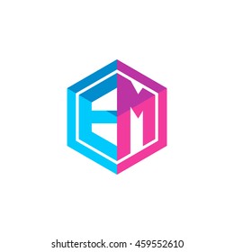 Initial letters EM hexagon box shape logo blue pink purple