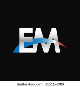 Initial letters EM overlapping movement swoosh logo, metal silver blue red color on black background