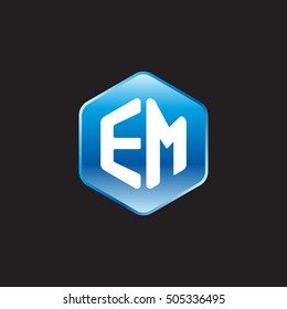 Initial letters EM rounded hexagon shape blue modern logo