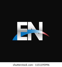 Initial letters EN overlapping movement swoosh logo, metal silver blue red color on black background