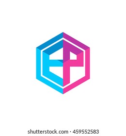 Initial letters EP hexagon box shape logo blue pink purple