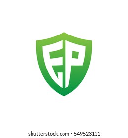 Initial letters EP shield shape green simple logo
