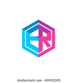 Initial letters ER hexagon box shape logo blue pink purple